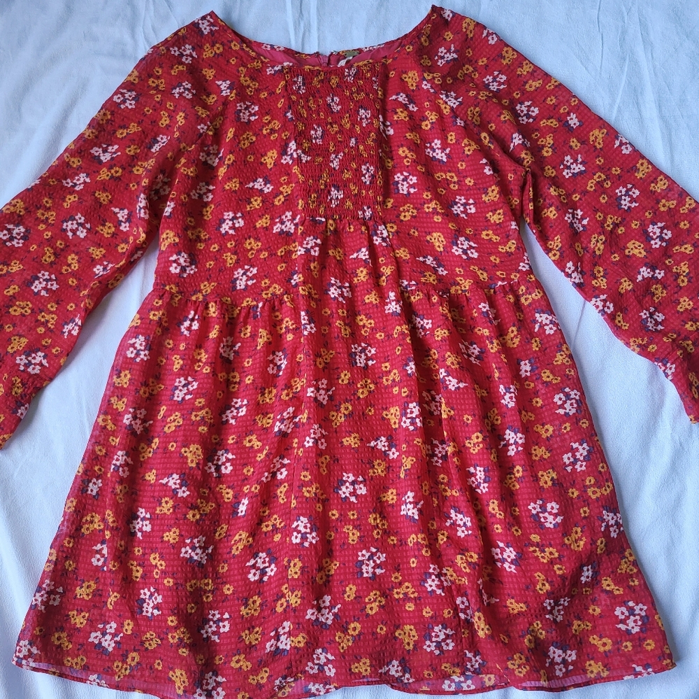 Free People Red Floral Chiffon Smocked Long Sleeve Mini A Line Dress Size 4